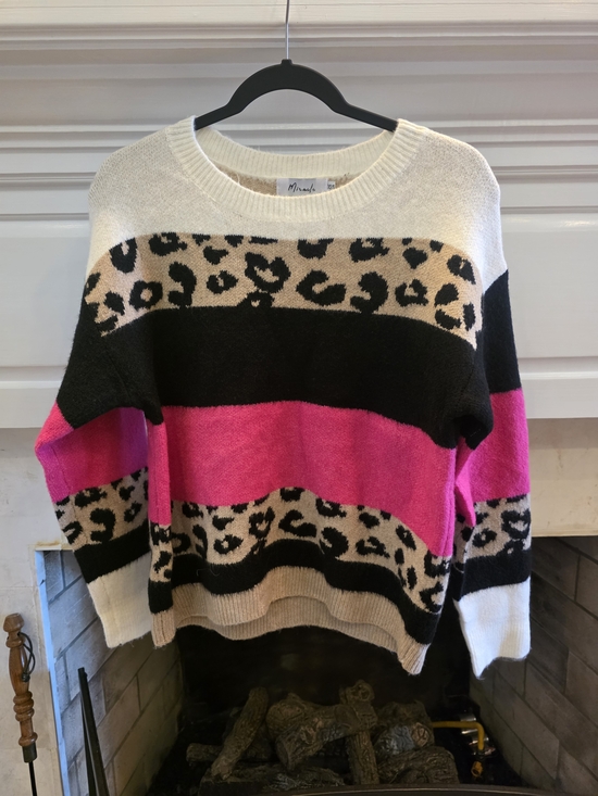 Miracle Sweaters - Miracle Cream Black Hot Pink Leopard-Stripe Crewneck Sweater